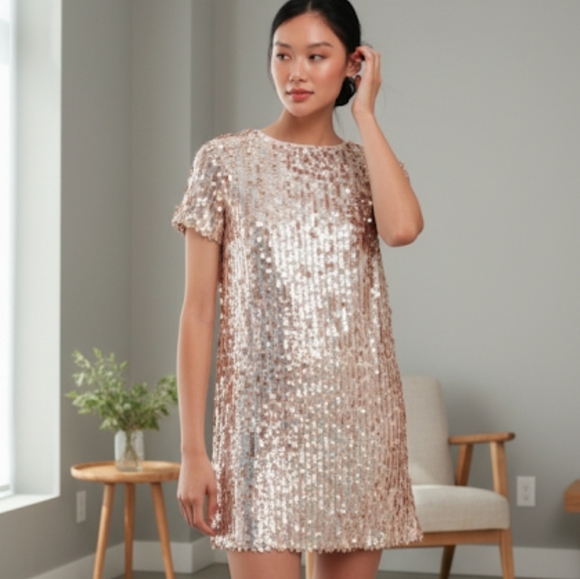 Lulu's Blush Pink Gold Short Sleeve Sequens Shift Dress Size Medium - Picture 2 of 7